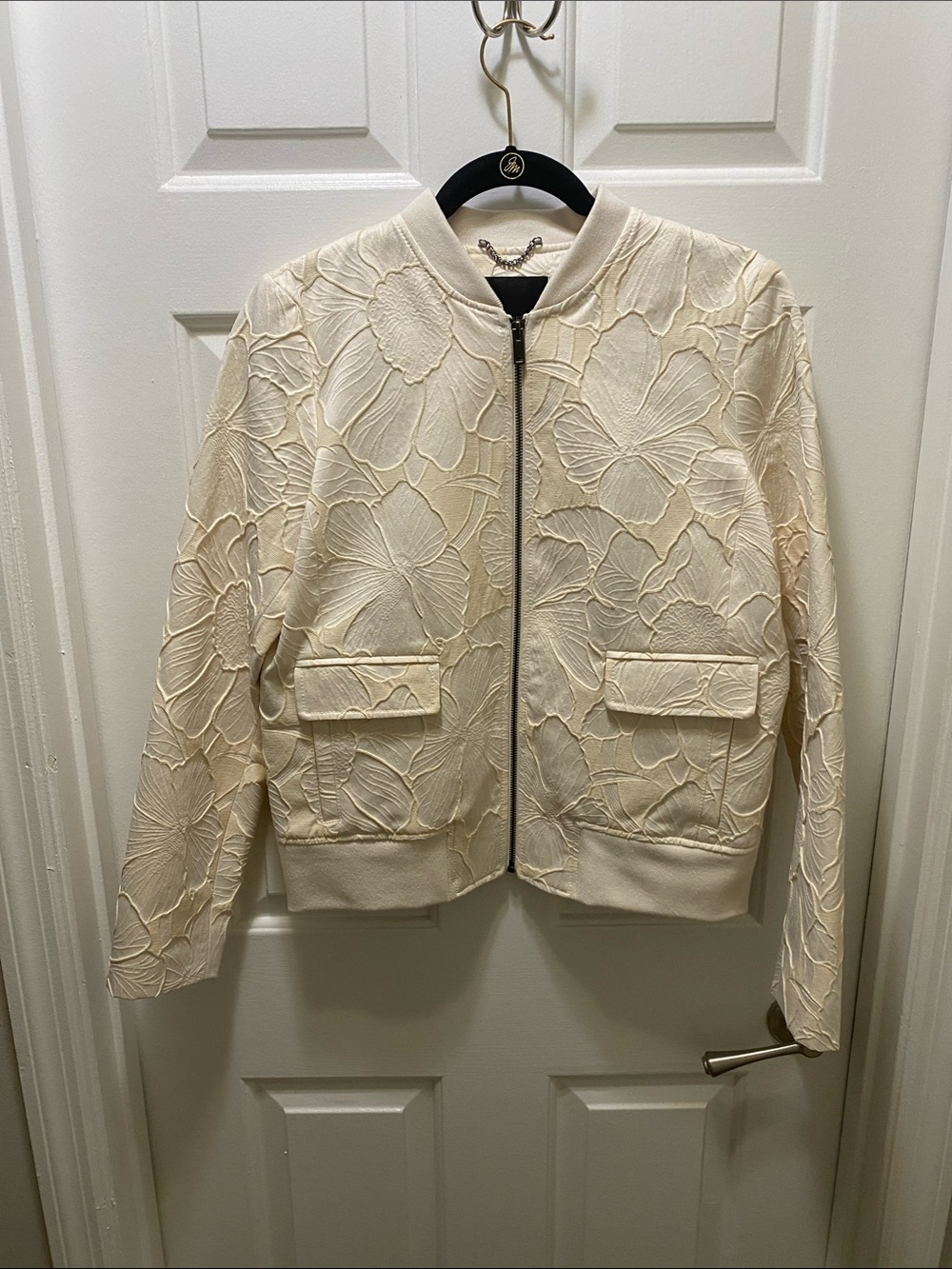 Banana Republic Cream Floral-Textured Bomber Jacket